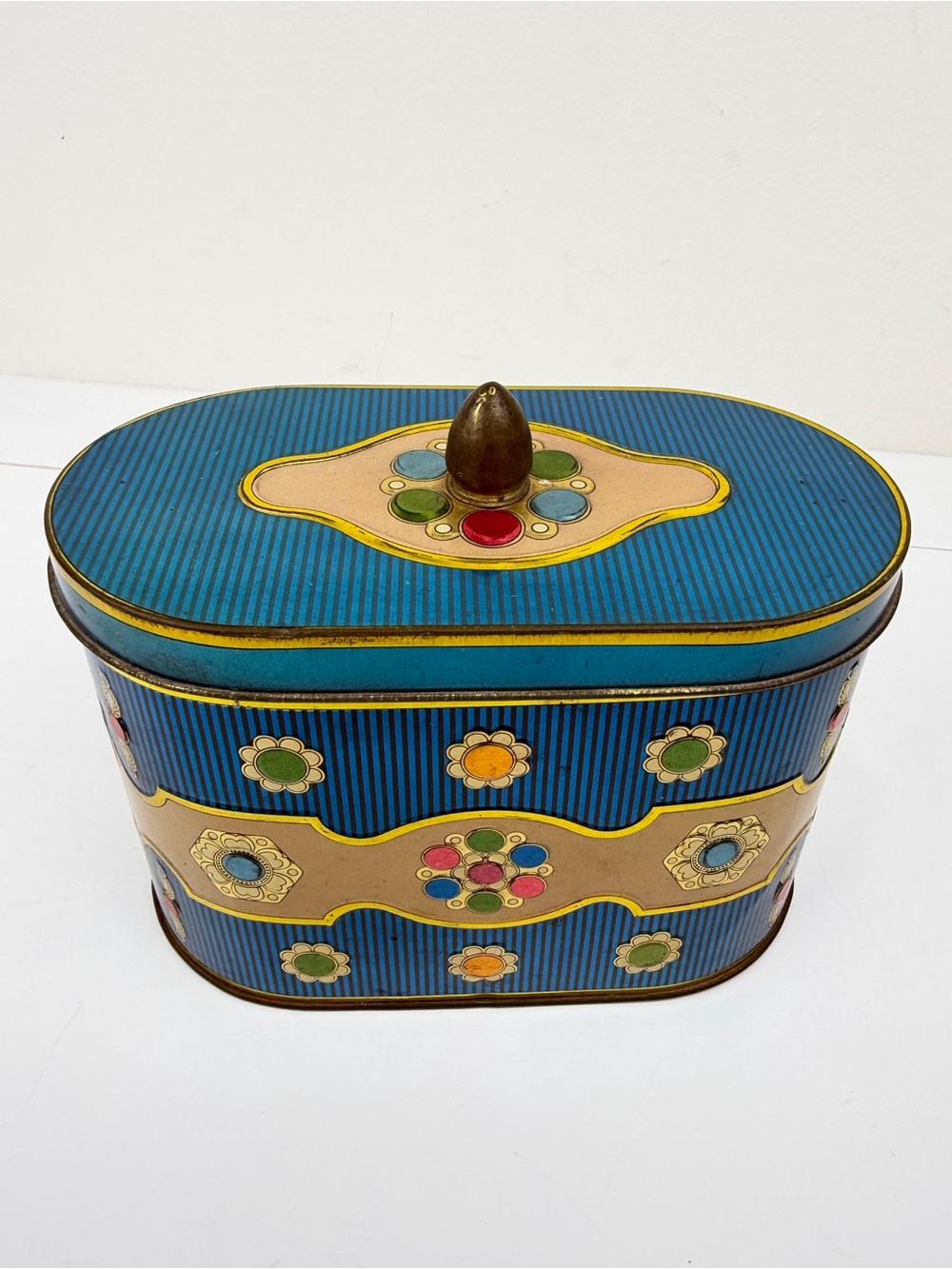 Vintage Blue Floral Tin Canister Storage Box with Brass Lid Knob